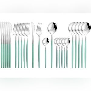 JASHII Flatware Serving Set 48 Piece Stainless Steel Mint Green/Silver, Modern